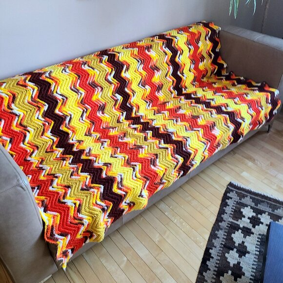 Hand Made Crochet Throw Afghan Blanket with Bright Yellow Orange Brown Colors. - Picture 1 of 6
